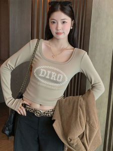 เสื้อยืดแขนยาวผู้หญิงคอเหลี่ยมทรงเข้ารูปผ้าฝ้ายแท้ประดับคริสตัล ทรงหลวม สไตล์เกาหลี แฟชั่นฤดูใบไม้ร่วง