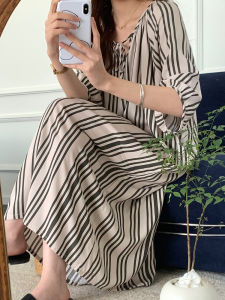 Lightweight Cotton Silk Midi Dress Casual Summer Sleepwear Home Clothes Ladies Outdoor Wear Striped Comfortable round Neck Dress