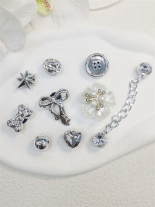 9PCS Shoe Charms ABS Decorations Accessories Hot Sale DIY Clog Buckle Shoes Silvery Bow Chain Ornaments For Lady Bubble Slides