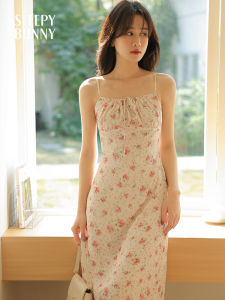 Floral Print Halter Neck Chiffon Dress Womens Spring French Style Gentle Waist Cinched Slimming Drapey Long Skirt Maxi Dress