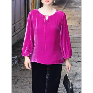 QINGNAER | Chic Simple Velvet Long Sleeve Top Rose Red