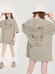 เสื้อยืดคอกลมแขนสั้นผ้าฝ้ายแท้สำหรับผู้หญิง ทรงหลวม ทรงเข้ารูป แฟชั่นฤดูร้อน 2025 เสื้อตัวบนพิมพ์ลายการ์ตูน