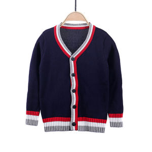 British Style V-Neck Knitted Cardigan Coat for Kindergarten And Primary School Children with Stripes Matching Top Cotton 100%