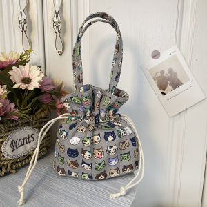 Fan Pockets/Japanese Style Sweet Drawstring Canvas Bag Female Han Costume Versatile Handbag Mini Bucket Bag Small Square Bag