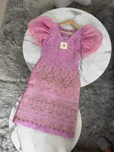 เดรสรสเจ้าหญิงแขนตุ๊กตา ชุดเดรสทำบุญ ชุดเดรสทำงาน ผ้าทอลายแพรวาสีสวยละมุน ใส่แล้วดูหรูหราลูกคุณมากจ้า