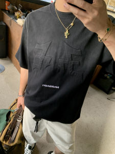 PLTH Summer New American Washed Sponge Letter Design round Neck Gradient Short Sleeve T-Shirt Mens Fashion Casual Loose Fit