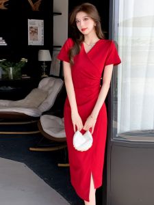 Gegejia Elegant Lady of Note Elegant V Neck Pleated Waist Tight Slim Looking Elegant Irregular Slit Mid-Length Dress Tide