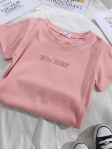 Pink Embroidered Slim Fit Short Sleeve T-Shirt Womens Korean Style Summer New Design Pure Desire Sweet And Spicy Top Trendy
