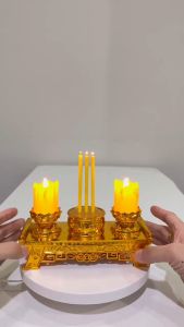 ชุดธูปเทียนไฟ LED แบบพกพา ดีไซน์คลาสสิก พร้อมถ่านฟรี และกระถางสีทอง สำหรับไหว้พระ