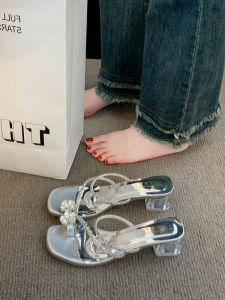 Stunning Womens Summer Outdoor Wear Thick Heel Sandals Diamond Embellished High Heels Slip-On Clogs Sweet Style Rubber Sole