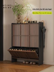 Weimei | Solid Wood Thin Entrance Shoe Cabinet Narrow Door Flip Design Vintage Style