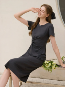 XIANGYING | High-end Grey Round Neck Short Sleeve Waist Accentuating Dress