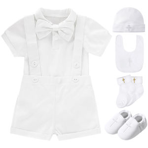A&J DESIGN Christening Outfit Baby Boy White baptismal Set Infant Birthday Party Photography Clothes Binyag Formal Attire Short sleeved Shirt Pants Hat Wedding Ring Bearer Suit