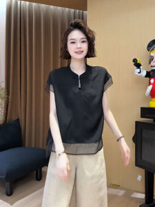 YUFUQING | New Chinese Style Short Sleeve Shirt Women Summer High End Net Splicing Anti Aging Top Thin Polyester Fiber Round Neck Loose Fit