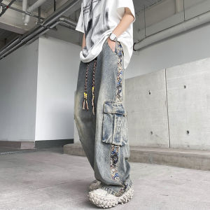 Washed Vintage Workwear Jeans Mens Summer American Trendy Brand Design Patchwork Loose Casual Wide Leg Straight Leg Pants