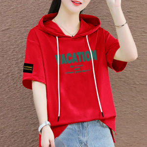 Loose Cotton Hoodie Womens T-shirt Short Sleeve Oversize Belly Covering Headwear Spring Fashion Casual Cartoon Text Print
