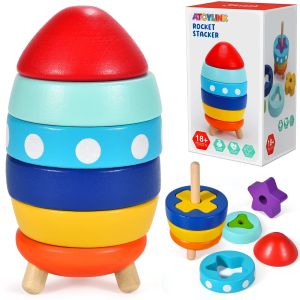 Wooden Stacked Toys Suitable for toddlers 1-3 Rocket Shape sorter Preschool Color sorter geometric ring Stacker Montessori Educational toys for Boys and Girls Gifts