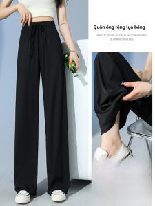 Quần Ống Rộng Bằng Lụa Băng Cho Nữ Mùa Hè Nhỏ Chống Nắng Màu Đen Cạp Cao Quần Dài Thường Ngày Mỏng Mát Mẻ