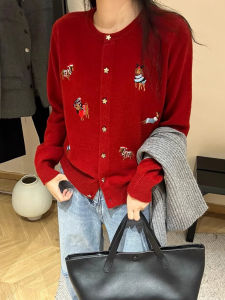 Autumn Winter Elegant Anti-Aging Christmas Style Long Sleeve Cashmere Knitted Open Cardigan Embroidered Floral Sweater Jacket Top