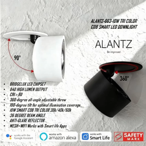 ALANTZ-663-10W WH/BK COB TRI COLOR SMART LED DOWNLIGHT BRIDGELUX LED CHIPSET Works with Smart-life App Google N Alexa