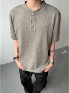 Áo Thun Polo Nam Tay Ngắn Dệt Kim Lụa Băng Màu Xám Cổ Henry Vai Vừa Vặn Phong Cách Mỹ Cổ Điển Mùa Hè Tay Lửng Thường Ngày