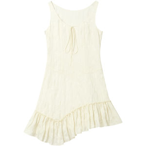 SOLWEIGE | SOLWEIGE Vacation Style Pleated Texture Asymmetrical Hem Large Round Neck Vest Dress Womens Sleeveless A-Line Summer Dress