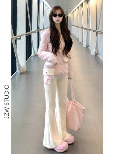 Quần Ống Loe Màu Trắng Cạp Thấp Cho Nữ Quần Dài Thường Ngày Mùa Thu Đông Có Dây Rút Dáng Ôm Vải Nỉ Dáng Rộng Thoải Mái Nhẹ