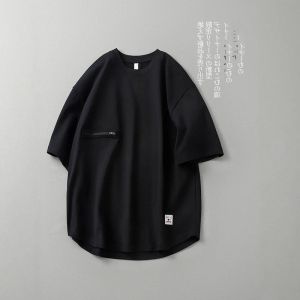 Loose Fit Zipper Short Sleeve Pure Cotton T-Shirt Mens Design Summer Top Vintage Heavyweight Japanese Style Half Sleeve