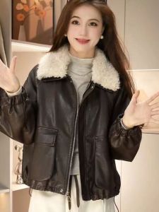 HUAXUNRAN | Áo Da Nữ Thời Trang Cỡ Lớn Form Rộng Cổ Lông Tháo Lắp Được