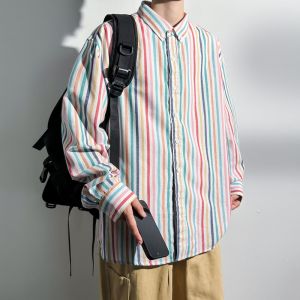Autumn Comfortable Long Sleeve Mens Shirt Fashionable Striped Outerwear Youth Trendy Classic Fit Washed Polyester Cotton Blend