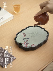 Moji Pot Tray Black Porcelain Super Absorbent Begonia Ceramic Bamboo Tea Tray Quick-Drying Teapot Tray Small Water Storage Tea Table Accessories
