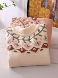 Girls Knitted Sweater Fleece Lined Thickened Autumn Winter Base Shirt Korean Style Polyester Blend Long Sleeve round Neck