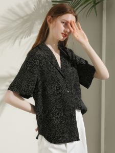 Miccbeirn | Miccbeirn Silk Short Sleeve Shirt Vintage V-neck Polka Dot Printed Womens Top Elegant Commute Style Pure Color Straight Cut
