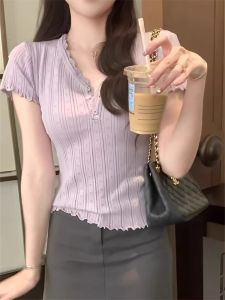 PEIXI | French Purple Icy Silky V-neck Lace Knit Top Summer Wear