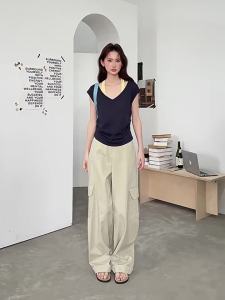 HTMEME | Color Block Faux Two-piece V-neck Linen Short Sleeve T-shirt
