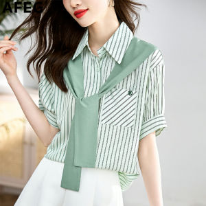 AFEG Korean version shirt collar streamer fashion loose temperament striped chiffon short edge blouse for women