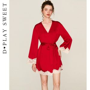 Contrast Lace Satin Robe Red Bridal