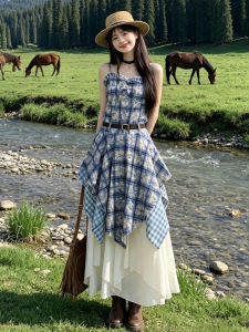 PEIZIXUAN | French Vacation Style Blue Check Two-Piece Dress