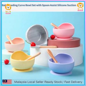 【COD】 Baby Feeding Curve Bowl Set with Spoon Assist Silicone Suction for Kids Toddler Learning Self Weaning Baby Feeding Set with Spoon Assist Silicone