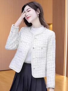 MAIMEI | Elegant Short Quilted Shoulder Pad Jacket Fragile Fashion Spring Autumn High Quality Polyester Fiber Zipper Round Neck Button Closure