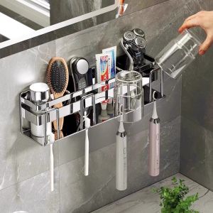 Wall-Mounted 304 Stainless Steel Toothbrush Holder No-Drilling Toothpaste Rack Toothbrush Cup Storage Shelf Bathroom Accessories
