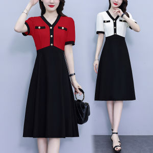Impression Fashion Women Elegant Cotton Fake 2pcs V-neck Short Sleeve Tunic A-line Midi Dress Plus Size
