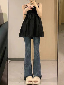 Retro Blue Flared Straight Leg Denim Jeans Womens Early Autumn New plus Size High Waist Elastic Slimming Horse Hoof Pants