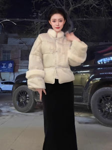 HARSIDE New Chinese Style down Jacket Mink Trim Embroidery Set Velvet Half Skirt Ensemble Winter Fashion Outerwear