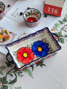 Double Ear Ceramic Baking Dish Rectangular Japanese Style Dessert Small Bowl Colorful Glazed Underbody Craft from Mainland China