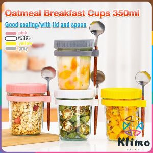 Klimo Reusable Overnight Oats Jars With Spoon Airtight Oatmeal Cup Container Breakfast Cups 350ml
