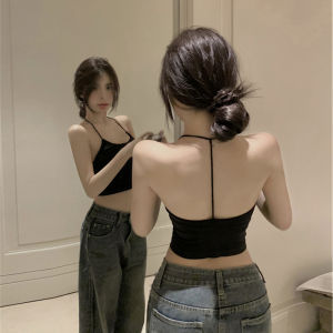Halter Strap Backed Padded Crop Top Black Feminine Lightweight Upper Garment