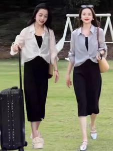 ชุดเดรสยาวแขนกุดป้องกันแสงแดดสำหรับผู้หญิงไซส์ใหญ่ ชุดสองชิ้น แฟชั่นฤดูร้อน 2025 ดีไซน์ใหม่ ชุดทำงานลำลอง