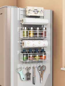 BW | Kitchen Storage Rack Side Refrigerator Multi-layer Hanging Shelf Preservative Film Organizer Metal Drying Hook for Spices