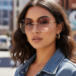 High-end Frameless Sunglasses In New Gradient Color Polygonal Large Frame Womens Eyewear 90252